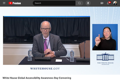 Screenshot of White House YouTube page showing Tom Perez, Sr. Advisor to the President, speaking at the White House GAAD Event, with an ASL interpreter signing alongside him